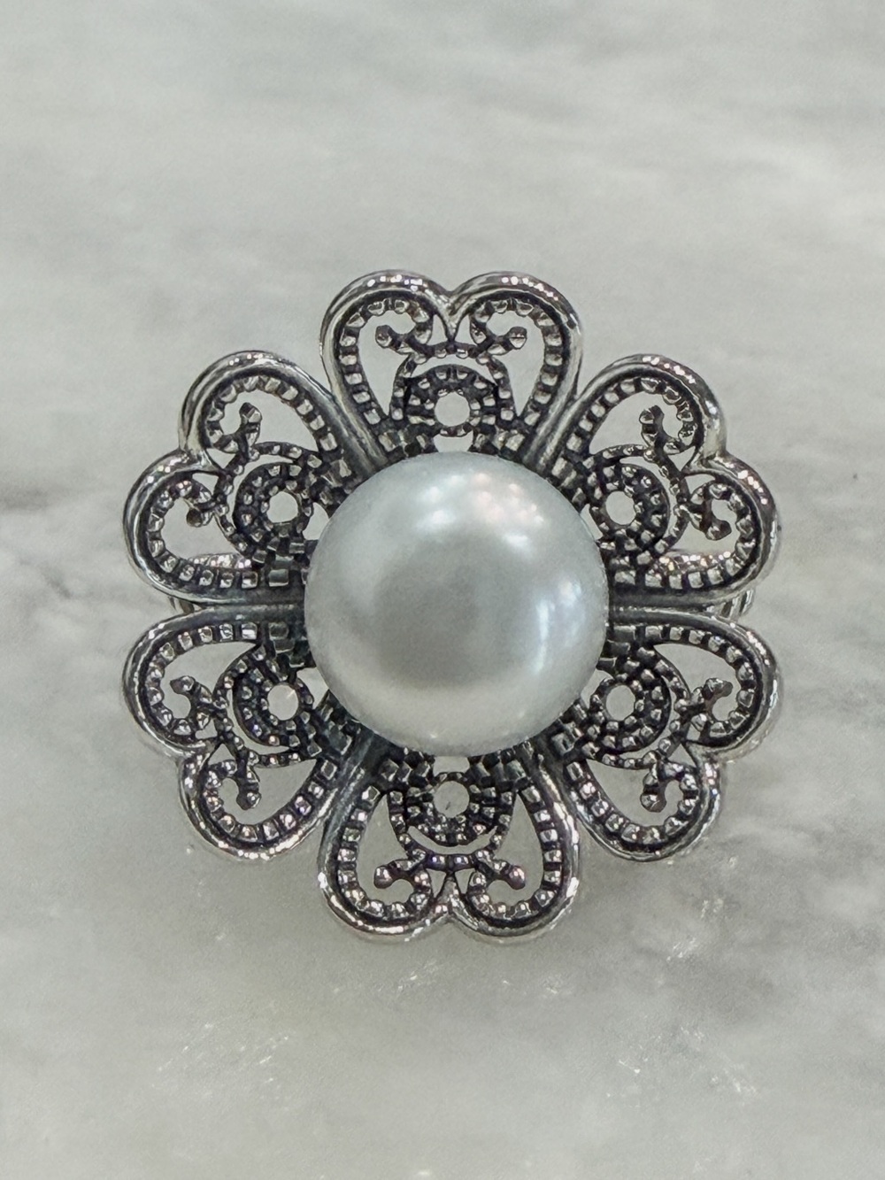 Freshwater Pearl Filigree Floral Black Oxidized Sterling Silver Ring Sz 7